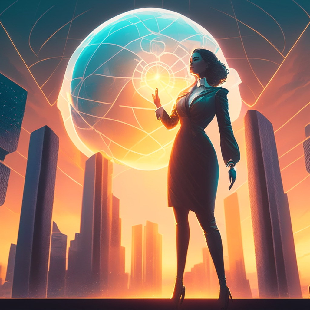 A new dawn at a crypto firm, an influential woman emerging from a futuristic building with radiant highlights denoting her leadership, her hand holding a pulsating globe symbolizing global ambitions. Dusk setting, creating a contrast with luminescent futuristic tech devices. Scene should feel dynamic, portraying a sense of anticipation & triumph.