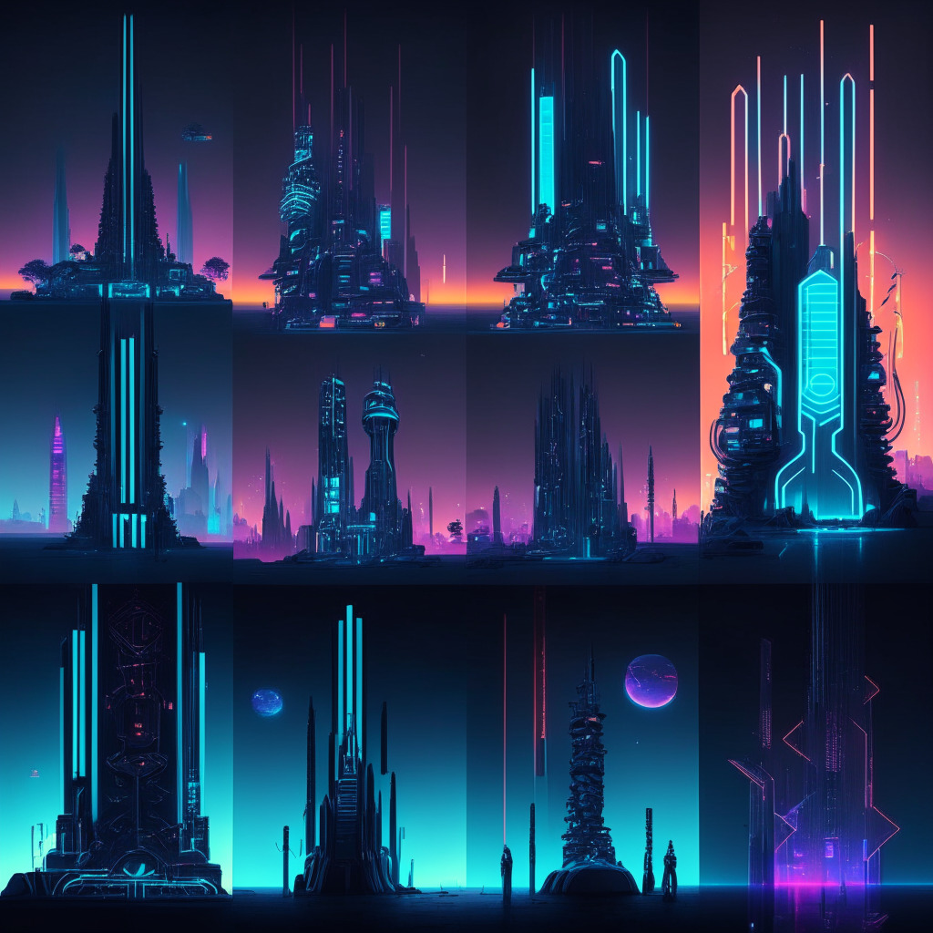 A futuristic cityscape lit by neon lights, portraying five distinctive AI-inspired monoliths, each one showcasing symbolic elements of their unique projects: a launching pad, a ticket with AI code, a mysterious silhouette, a robot intertwined with web-like patterns, and a partially completed shrine-like structure. Mood is a surreal twilight, bathed in anticipation and suspense.