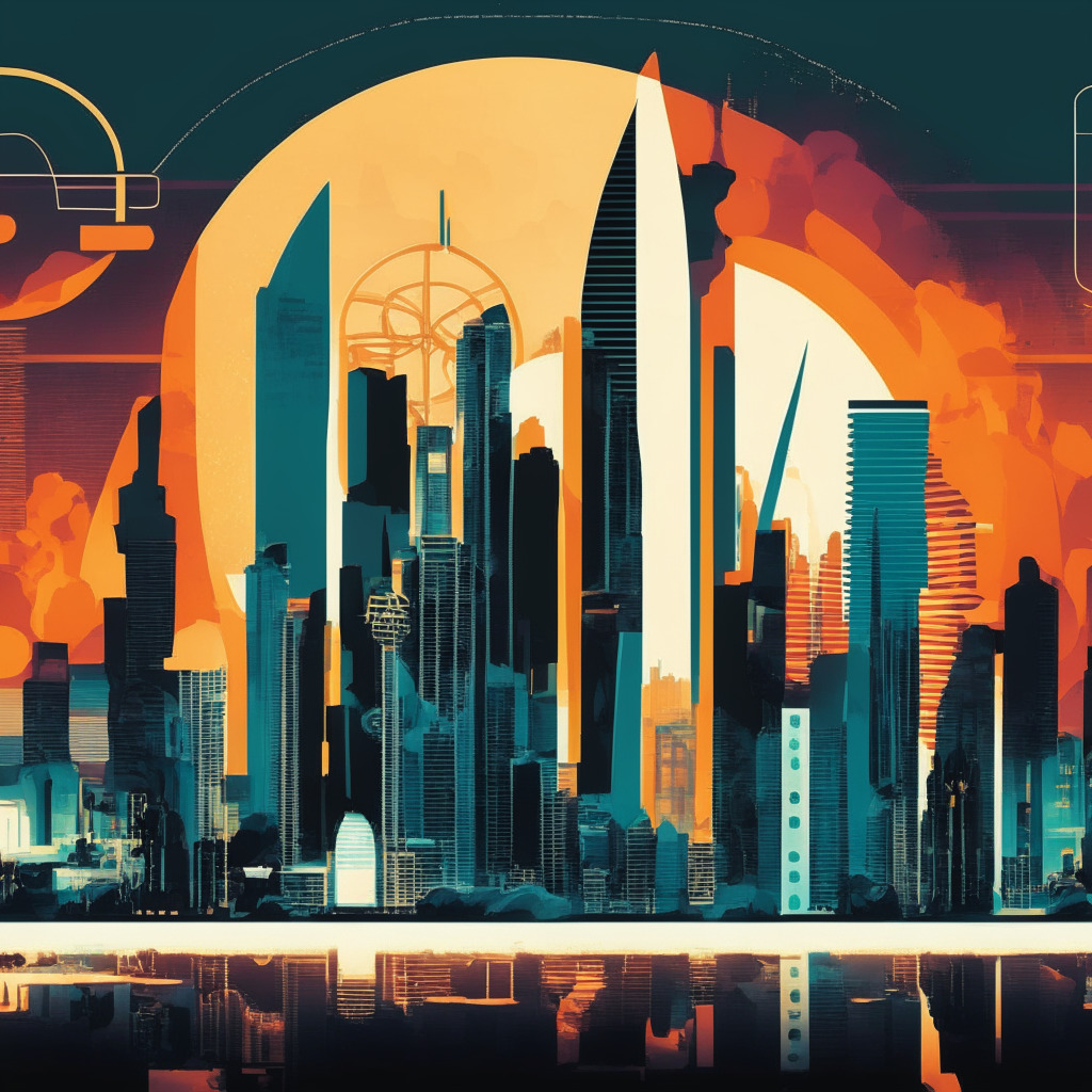 A dynamic evening cityscape of Singapore with futuristic financial buildings, Tharman Shanmugaratnam's silhouette in the foreground, a balance scale with crypto icons and traditional finance symbols on either side, hinting a precarious balance. Use a contrast of warm and cool colors to depict tension and uncertainty.