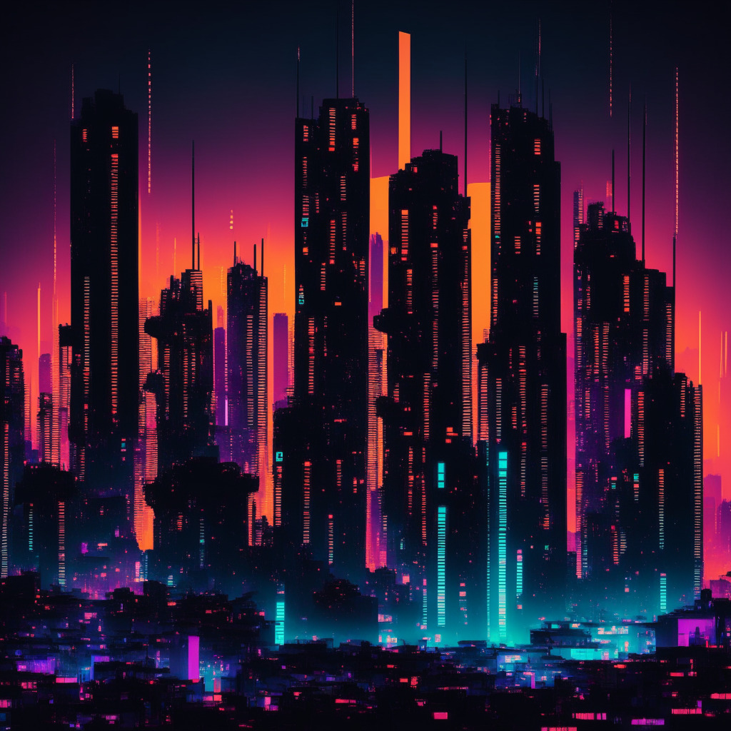 A vivid digital cityscape of Nigeria at dusk, styled in a modern, abstract and cyberpunk aesthetic. Illuminated skyscrapers proudly displaying digital tickers with crypto symbols. Silhouettes of Nigerian citizens subtly reflecting a level of enlightenment, emitting hues of neon light, to signify a high level of blockchain comprehension. Dominating the foreground, impressive granular details of hand-held futuristic devices, broadcasting fluctuating cryptocurrency values. The mood is of excitement, anticipation and resilience, under a vast gradient sky shifting from sunset's warm goldenrods to the mysterious purples of twilight.