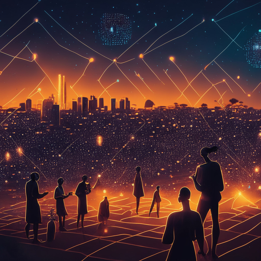 African financial landscape at dusk, glowing blockchain technology nodes flowing across the horizon, a path of DeFi coins leading toward a towering city marked by digital assets and CBDC symbols. Citizens hold miniature digital Nairas, interacting with a transparent financial system under a vast, starlit sky, reflecting hesitancy and cautious optimism.