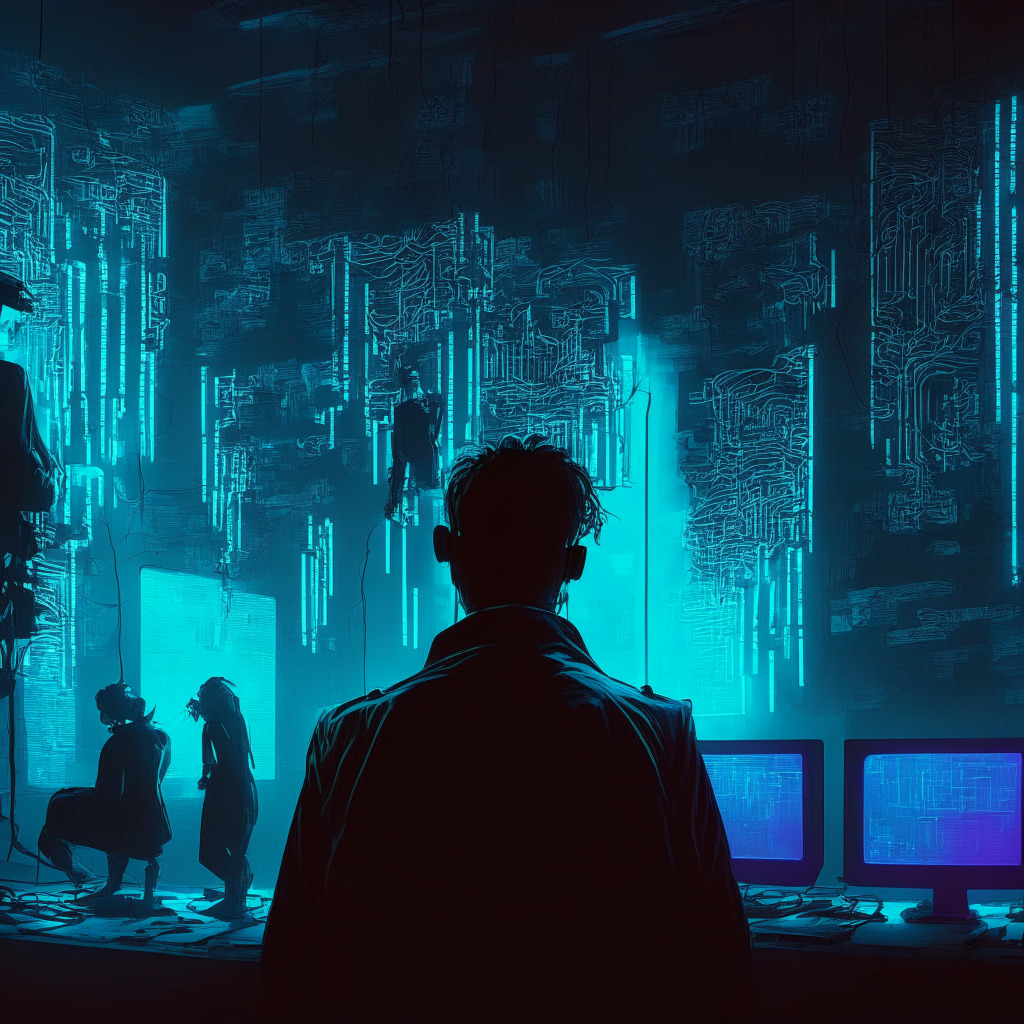Artistic neon noir setting of a cyber city scene, North Korean cyber operatives in shadow, hacking into cryptocurrency exchange, high-tech digital screens reflecting blockchain data. Incorporate a chaos of digital tokens flowing out. Light reflecting off various surfaces, noises and wires. Give a sense of drama and tension. Capture the high-alert mood.
