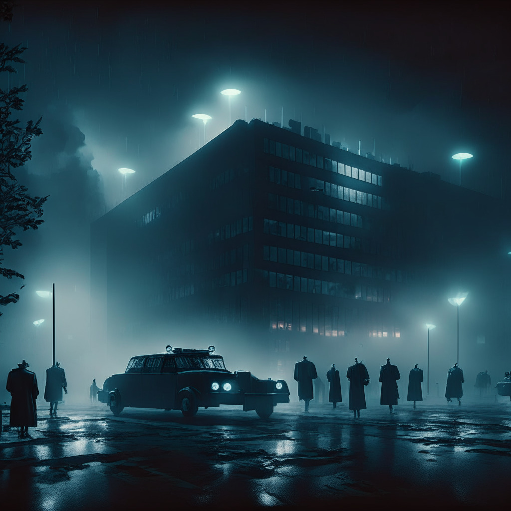 Dramatic night-time scene of an imposing, high-tech AI chip headquarters being searched by a group of detectives in trench coats, summoned by French law enforcement vehicles with piercingly bright headlights in the forefront. The cold, noir-style ambiance with an underlying hint of tension. A foggy/gothic touch to represent the undisclosed practices in the cloud computing sector.