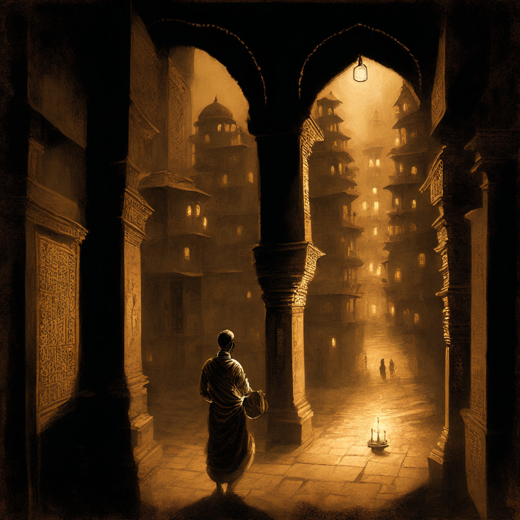 A crypto exchange navigating a labyrinth of Indian regulations under the shadows of uncertainty, bathed in dimly lit, sepia tones to evoke a sense of challenge. Artistic style simulates an oil painting, showing a traditional Indian cityscape at night, interpreted with Renaissance techniques to reflect the balance between tradition and modernity, underlining a narrative of a tense yet hopeful exploration.