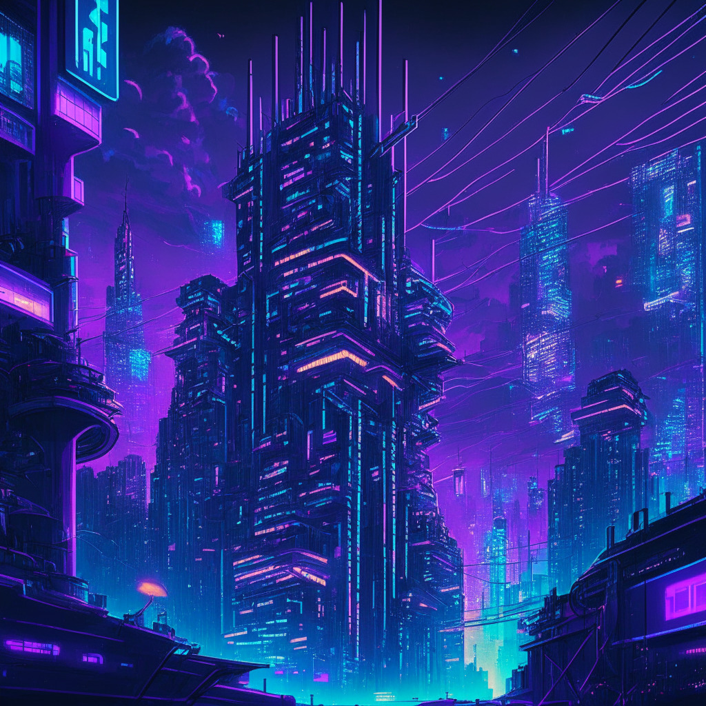 An intricately detailed cyberpunk cityscape at night, bathed in neon blues and purples, representing BNB Chain's innovative strides in blockchain. Sleek high-speed trains symbolize fast transactions, busy skyscrapers embody a robust ecosystem. Giant chains envelop buildings signifying security, ethereal layers of clouds up in the sky symbolize L2 scaling, rollers working on streets depict roll-up technology. Smaller figures queuing, represent the week-long lock-up of funds. Dissipating fog serves as the hint of skepticism, uncertainty. Mood: optimistic with caution, swirling with dynamism and digital transformation.