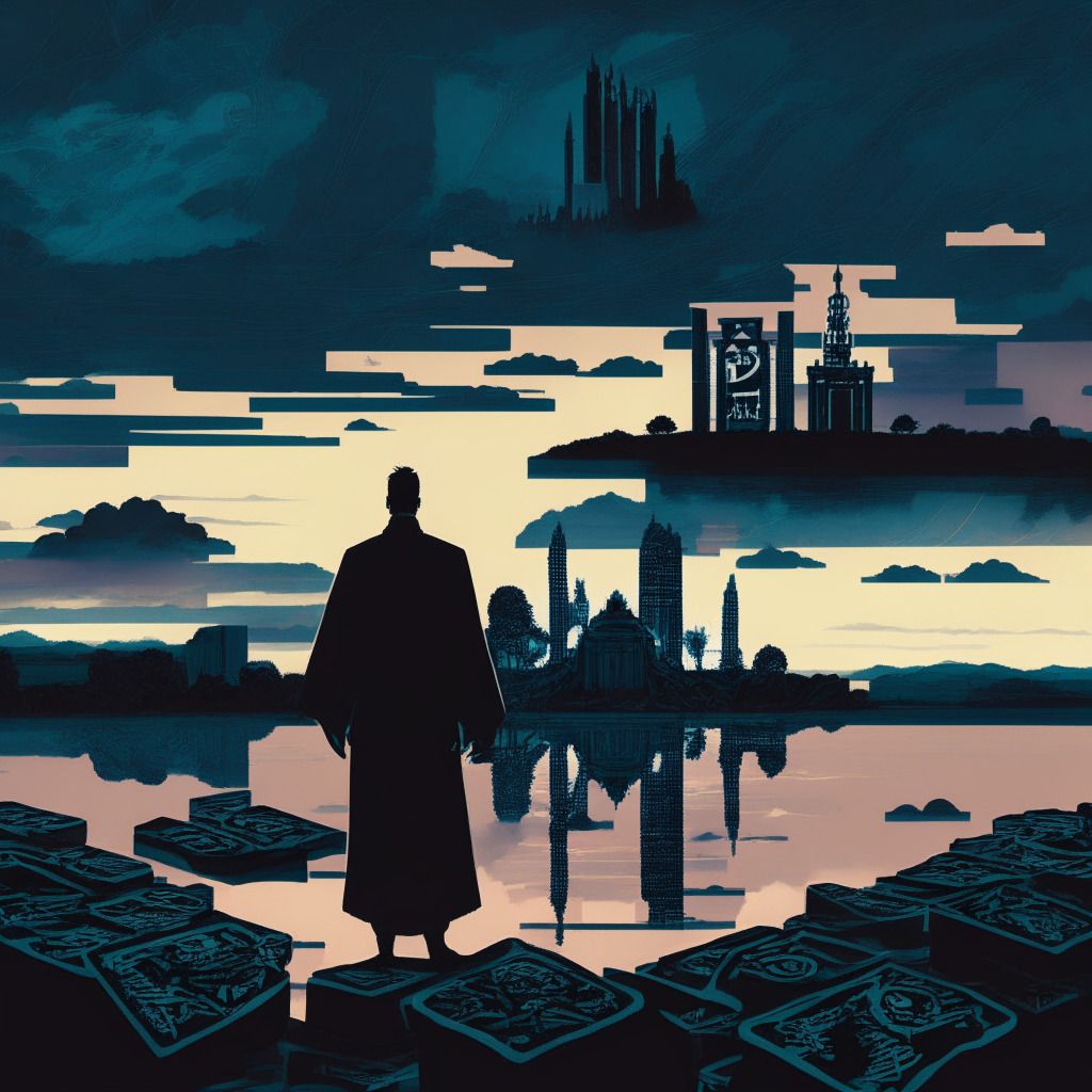 A sweeping view of a digital landscape, teeming with crypto symbols and NFT tokens, under a sky turning dusk, hinting at the complications and mysteries of the day. In the foreground, a figure in a legal robe, representing regulation, attempting to negotiate the chaotic terrain. To the right, the silhouette of the Australian Parliament House, showing political involvement. Mood of the picture is turbulent yet hopeful.