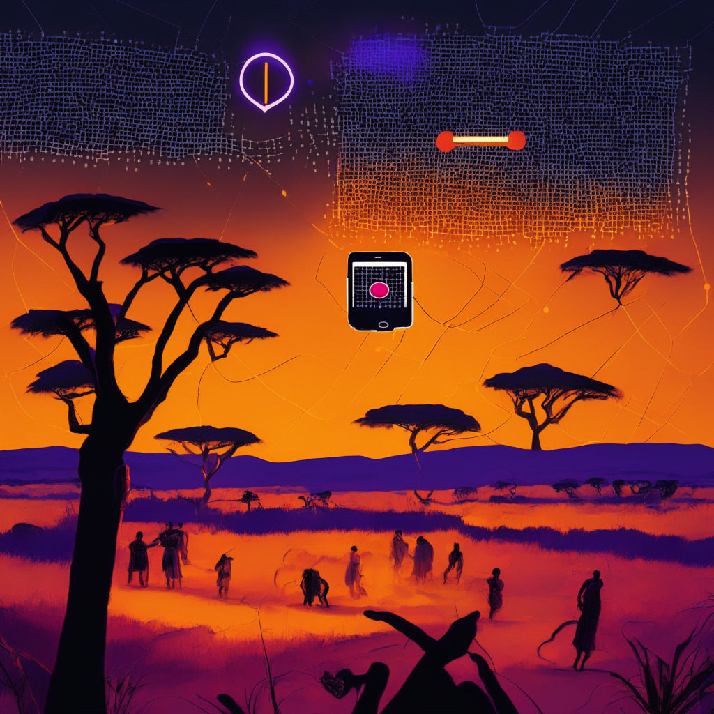 An African digital landscape at dusk, with meshed networks and mobile devices representing Opera's client base. A gleaming MiniPay wallet hovers above, illustrating blockchain stability and convenience. The mood is exciting yet uncertain, painted in vivid colors of anticipation and slight caution. A brief flicker of high fees and service challenges mark the darker areas, underlining real user concerns.