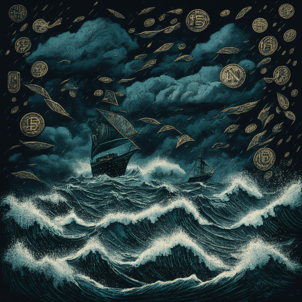 Highly detailed view of stormy financial seas, annotated with stylistic symbols of falling cryptocurrency and altcoins, dominated by gloomy overcast skies. Highlighting a major wave approaching, representing the impending Optimism token unlock. An expressive use of dark colors to make the scene look dramatic, with a sinking ship in the ocean symbolizing the free-falling of OP, TON, and VET coins. Glimmers of light from a rising sun in the distance to convey hope related to future airdrops, symbolizes impending community growth and stabilization.
