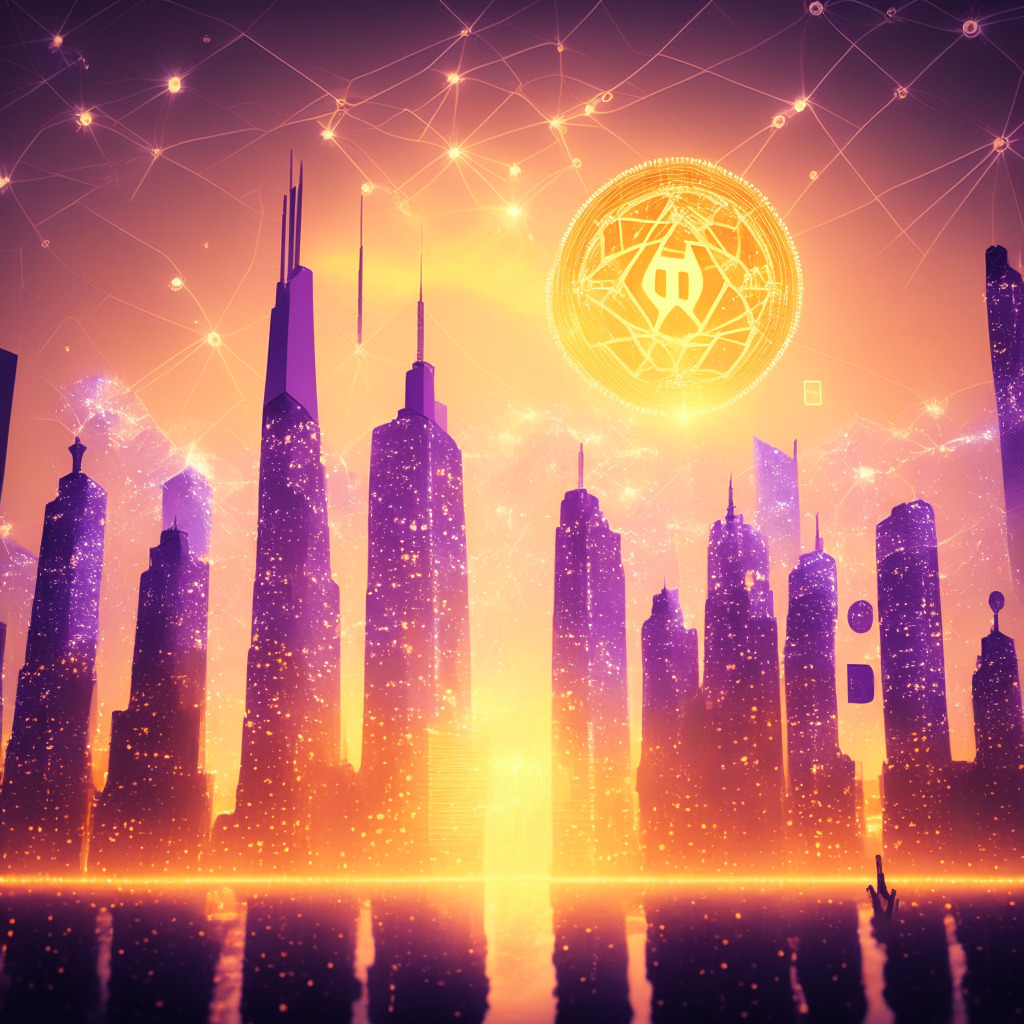 Conceptual representation of the Optimism Network's Ethereum layer-2 scaling solution, a grand tower in a futuristic financial district. The cityscape is bathed in the glow of a setting sun, hinting at the close of a significant day. Tokens, represented as radiant orbs, flow seamlessly through smart contracts, a two-year hourglass in the foreground emphasising the strategic lock-up period. The mood is one of cautious optimism, embodying the calculated risk yet untapped potential of the economic move.