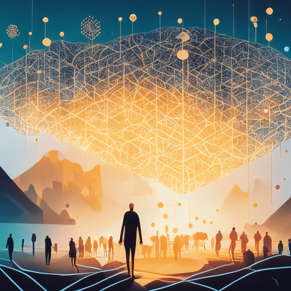 A digital landscape composed of intertwining data points, representing decentralized knowledge graph, immersed in the warm glow of dawn, symbolizing a new era in AI and blockchain technology. Figures akin to OriginTrail’s founders stand, grace the scene, gesturing towards the high-tech, artificial neural network-inspired environment. Mood is serene, illuminating the progressive, yet harmonious integration of complex AI mechanisms into everyday life.