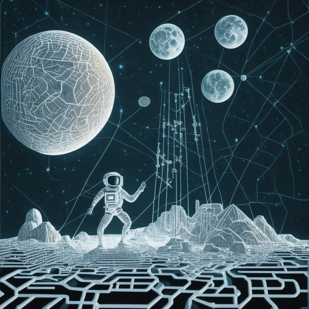 Imaginary futuristic setting presenting blockchain technology, set on the opulent, silvery surface of the Moon. Stylized with art-deco elements, network nodes embedded into the lunar terrain with bold glowing lines to represent transaction pathways. At the heart, stands a subtle, retro-styled astronaut silhouette initiating a blockchain transaction on a MetaMask-like holographic interface, showing the reconciled gas fees glowing in a soothing soft-light, embodying a sense of resolution. The sky above filled with networked data cubes, casting a warm soft glow onto the scene. Artistic contrast utilized to evoke an intrepid yet rational mood.