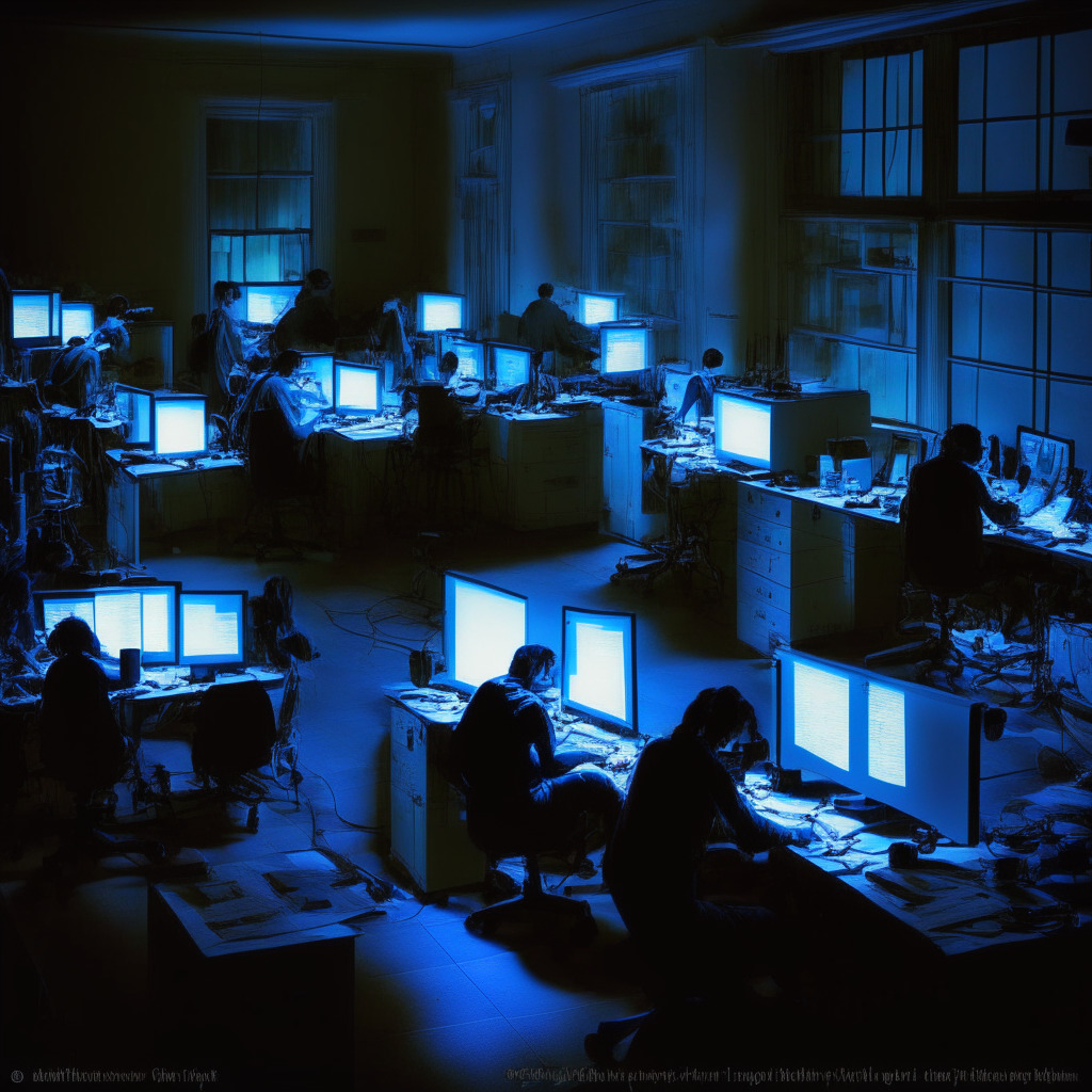 Late-night Oxford University lab scene, floodlit by the soft glow of computer screens, a team of dedicated scientists engrossed in developing JAX-LOB, painters at work creating their masterpiece. Ghostly swirls of AI-generated trade routes twinkle across the screens, visual representation of LOB simulation, and the future of fintech. Light setting: soft tungsten, artistic style: neo-futuristic, mood: suspense with an undercurrent of excitement.