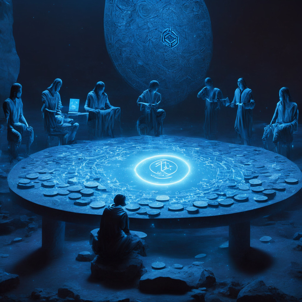 Ethereal decision-making scene illuminated by ethereal bluish glow, P2P team members, poised and confident, facing an entity embodying Lido DAO, Stone table piled with cryptographic tokens representing $1.5 million. Background: an ascending Solana constellation, symbolizing promise, innovation. Atmosphere portrays tension, risk, and profound optimism.