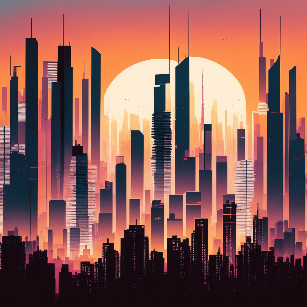 An Asian cityscape at dawn, bathed in hues of optimism and potential, teeming with futuristic blockchain symbols floating across the skyline. The serene aura is subtly tangled with elements of ambiguity, represented by subtle, monochromatic shadows. An overarching sense of high stakes is embodied through a foreground silhouette of a towering financial chart, reflecting rising interest rates, glowing in the soft morning sunlight.