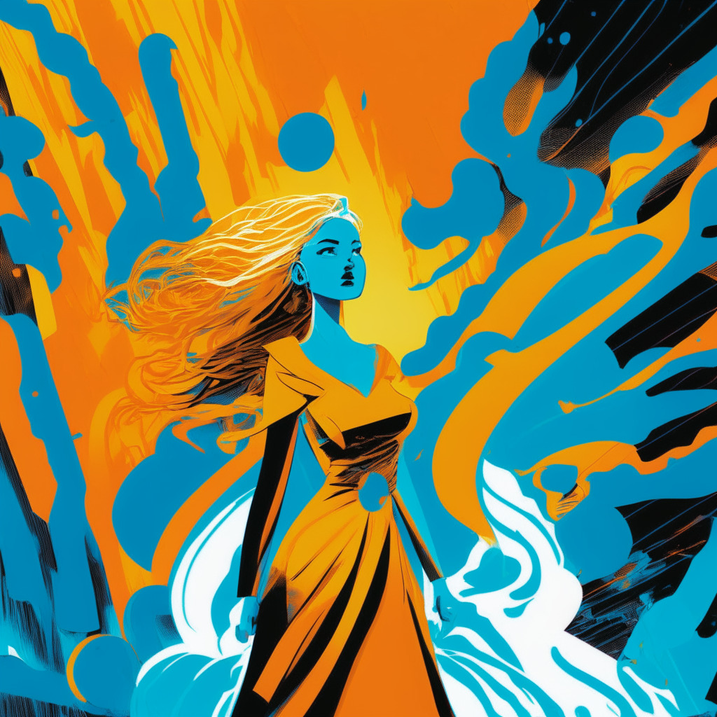 Depict a scene of Katie Haun, confident, illuminated in soft tech-inspired blues while in the background an abstract representation of the fluctuating crypto market in rich golds and oranges. Portray her standing firm despite the storm, heralding a future full of promise and optimism. Impart a style reminiscent of a futuristic painting, with bold, sweeping lines and a tense yet hopeful atmosphere.