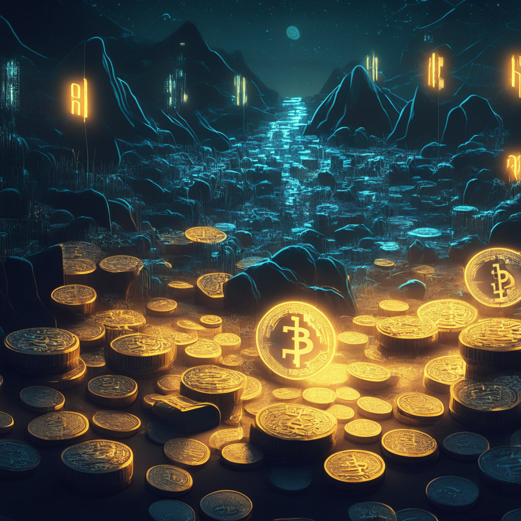 An intricate scene of a digital marketplace lit by the soft glow of luminous coins symbolizing cryptocurrencies. Artwork rendered in a sleek, modern style creating an electric mood. Crypto wallets filled with crypto transitioning into sparkling US dollars. Ethereum wallets and non-fungible tokens subtly blended into the landscape, hinting at expansion and accessibility. In the back, PayPal's PYUSD stablecoin launching like a new star in this digital universe, flanked by leading stablecoins Tether and USD Coin. A crypto hub bustling with activity demonstrating the dynamic exchange of assets.