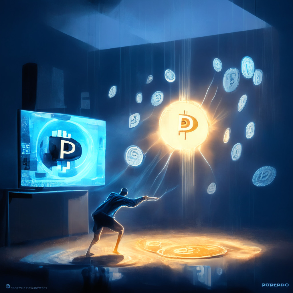 A digital painting showcasing PayPal's integration with cryptocurrency in a modern and sleek style. A user based in the US is depicted converting Bitcoin to USD via a floating holographic screen. A secondary scene portrays a generous hand of Binance offering aid. Lighting is cool and understated, reflecting the cautionary mood.