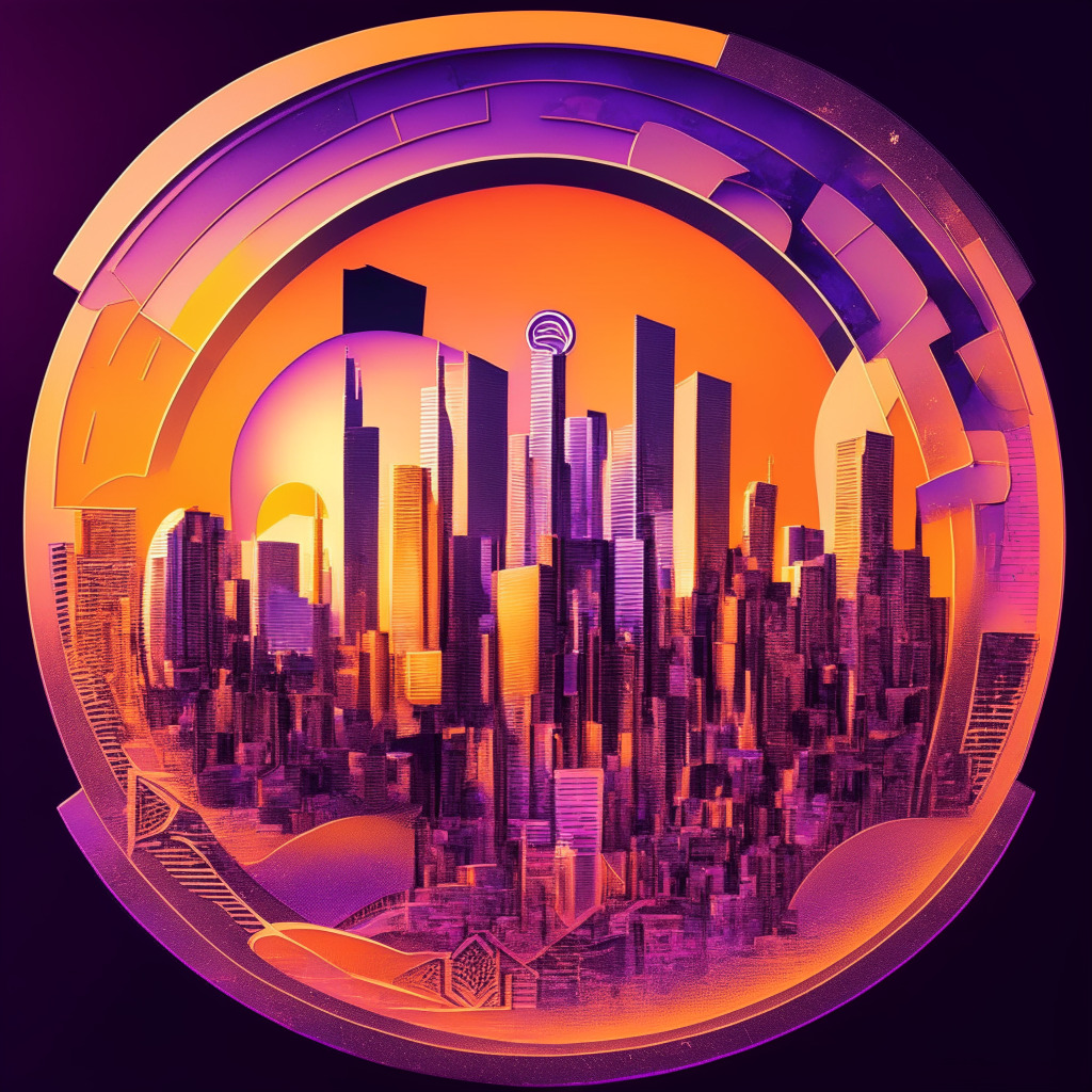 A futuristic, abstract finance cityscape at sunset, infused with hues of oranges and purples representing disruptions in the financial markets. A large surreal coin, symbolizing stablecoins, glows brightly in the center. Within the coin, a stylized 'S' underlines PayPal's journey into stablecoin. Landmarks hinting at PayPal's global influence loom over the cityscape. The cityscape itself subtly morphs into an intricate network of lines, symbolizing a blockchain, evoking a sense of revolution and profound change. Despite its ethereal beauty, a note of skepticism clouds the scene, reflecting Quigley's doubts about PayPal's novelty. The overall mood is intriguing yet mysterious.