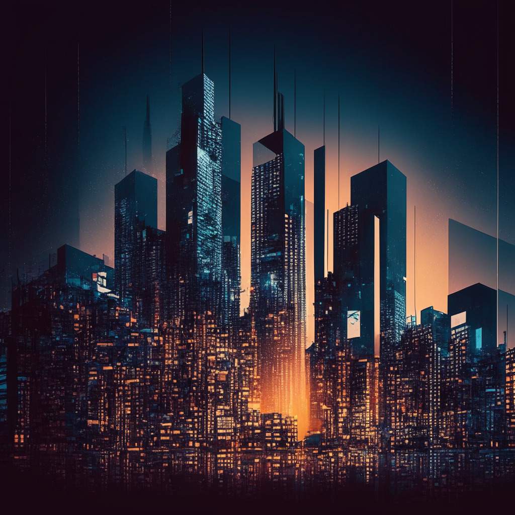 An abstract, digital scene in dusk lighting, embodying a mood of anticipation and contemplation. At its centre, an intricately crafted, dimly lit building, symbolic of PayPal, sits in the forefront of an evolving cityscape, representing the cryptocurrency ecosystem. Among the city, various elements indicate blockchain, miners, NFTs, and personalized digital asset recommendations. The style skews toward cubism to reflect the facets and layers of blockchain and networks, while creating a sense of dynamism and evolution.