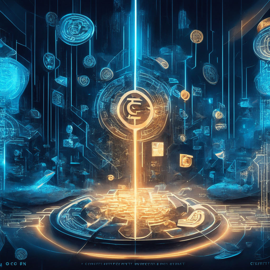 An abstract digital marketplace intricately depicting the integration of Crypto.com and PayPal, with foregrounded Ethereum blockchain elements, lending a symbolic touch of the PYUSD token. Rendered in a futuristic, tech-inspired artistic style with each distinct element illuminated with soft, ethereal light for a sense of innovation and possibility. The overall mood of the image is anticipatory, reflecting the cautious optimism inherent in this pioneering crypto endeavor.