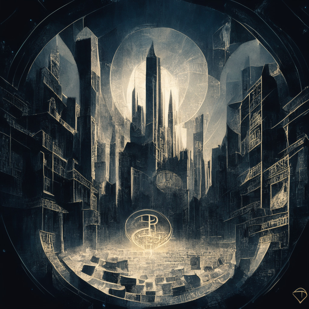 Depiction of a dynamic crypto market within an abstract cityscape, Renaissance-style illumination over a grand beacon (PayPal's PYUSD stablecoin), imbued with uncertainty due to villainous shadows, showing both its glory and potential pitfalls. A looming specter of code vulnerabilities and centralization fears cast gloomy grays, stirring mood of apprehension.