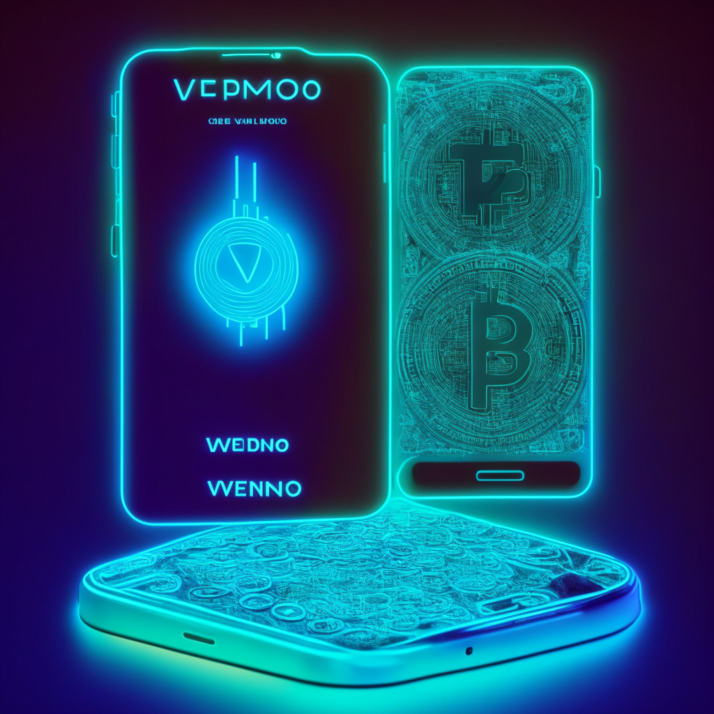 A digital canvas depicting the intersection of traditional finance and cryptocurrency with a visual metaphor: A neon-coloured 'PayPal-owned Venmo' app on a smartphone, emitting luminescent Ethereum-based coins (PYUSD) into a contrastingly dull, almost stagnant sea representing slowed adoption. Employ an art deco style, a muted but stark lighting to communicate a cautious optimism, and a surreal, speculative mood.