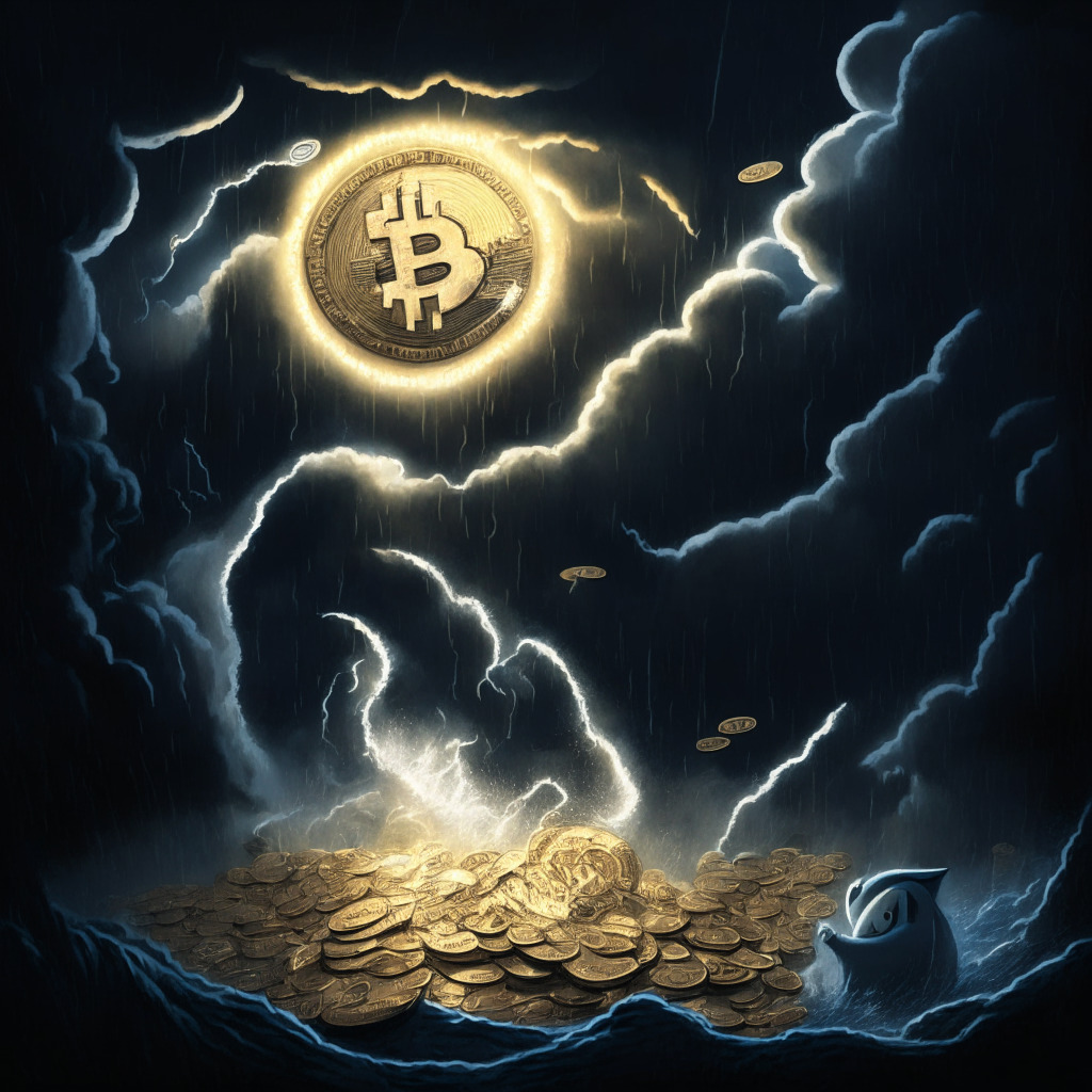 A chiaroscuro scene illustrating the tumultuous world of cryptocurrencies. A piece of physical representation of Pepe coin tumbling downward in a stormy market, contrasted by an ascending Sonik coin, with Sonic the Hedgehog iconography, illuminated by an optimistic beam of light, surrounded by brooding gigantic 'crypto whales.' Overall, a moody, unpredictable financial landscape capturing the dynamic fortunes of meme cryptocurrencies.