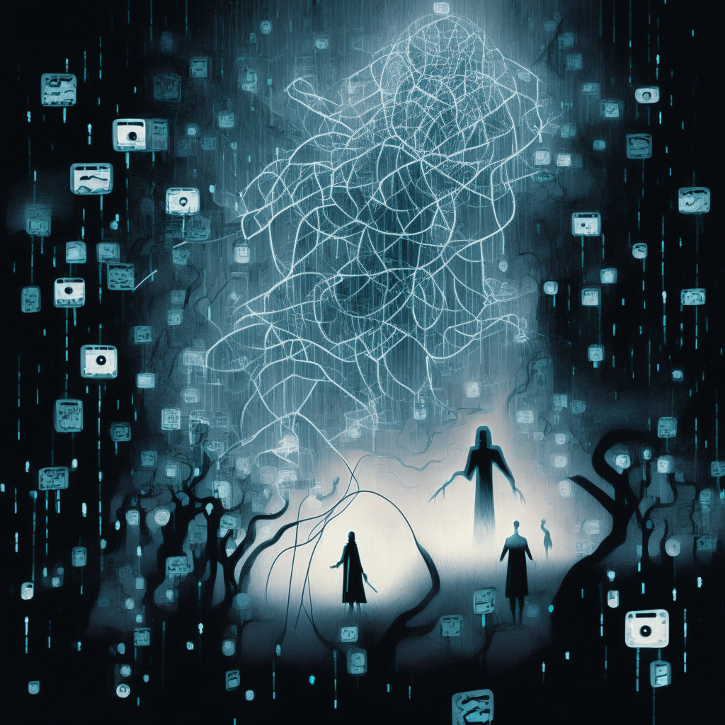An abstract representation of a blockchain ecosystem shrouded in deceptive mist, clusters of digital wallets morph into phantom forms in the foreground, ghostly lights wisping around, alluding to the hidden user control. A single, prominent, shadowy figure subtly emerges from the background, illustrating domination by a few key players. Multiple ethereal trails extend from the figure, hinting at data connections of multiple addresses. Use muted tones in academic cubist style, emphasizing ambiguity and deception. Capture the eerie, enigmatic atmosphere of the blockchain technology’s intricate realities yet maintaining an alluring aura for its promising potential.