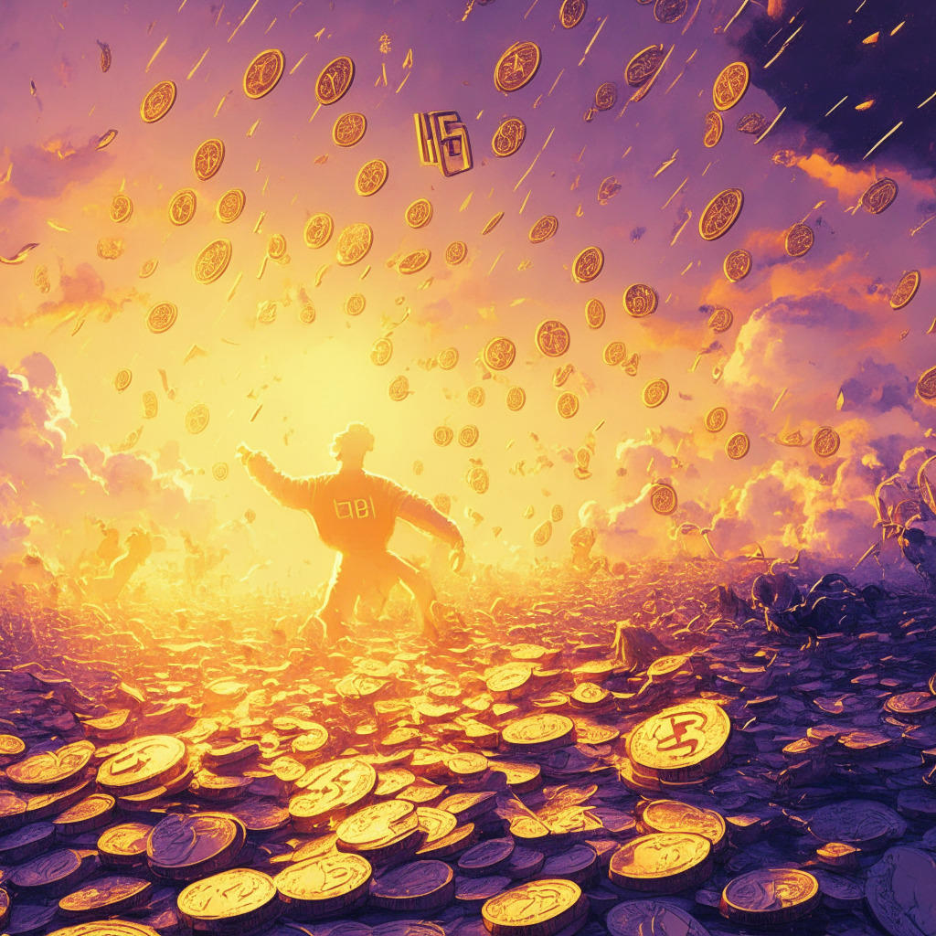 A vivid sunset sky filled with golden-dollar coins falling, Ethereum logo glistening amidst falling coins, symbolizing the ETF occurrence. On the ground, a bustling digital market with busy traders, desks depicting 'SEC' and 'VanEck & ARK21Shares'. The mood is hopeful yet tense, anxious figures overlook paperwork, reflecting regulatory challenges, intrigue in play.