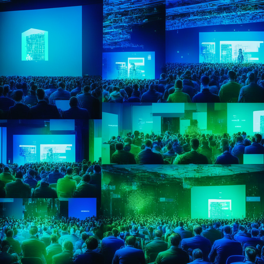 Imagery of a dynamic tech conference in Poland, showcasing the country's burgeoning influence within the blockchain industry, techno-styled aesthetics, warm ambient lighting, punctuated by neon blues and greens of the digital ethos. Atmosphere is bustling, brimming with a sense of shared purpose, innovation, and excitement. A rich tableau of people engaged in animated discussions, stage with screens displaying blockchain concepts, Ethereum symbols, and glimpses of digital currencies. An underlying layer of tension and anticipation symbolizes potential challenges of the digital shift.