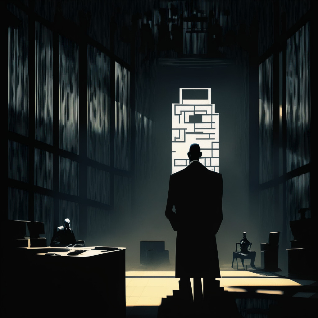 Dark, maze-like structure representing the complex legal challenges in the crypto space, dominant figure of a technocrat reminscent of former FTX boss positioned in the foreground, tense atmosphere, looming figure of an AI machine casting long, ominous shadows, subtle indication of a courtroom backdrop suggests a judicial setting, early morning light casting arrays of light and shadows, the touch of Impressionist style.
