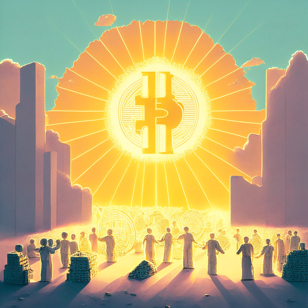 Surreal interpretation of Bitcoin halving in 2024, under the light of a rising sun signifying hope. Use light pastel hues to create an optimistic mood. The main focus should be a Bitcoin splitter, symbolizing the halving, surrounded by a throng of investors, embodying increasing demand. Show miners upgrading their machinery on one side, with a dwindling supply of left-over Bitcoins on the other. Style it in the manner of a grand Renaissance painting to reinforce the magnitude of the event.