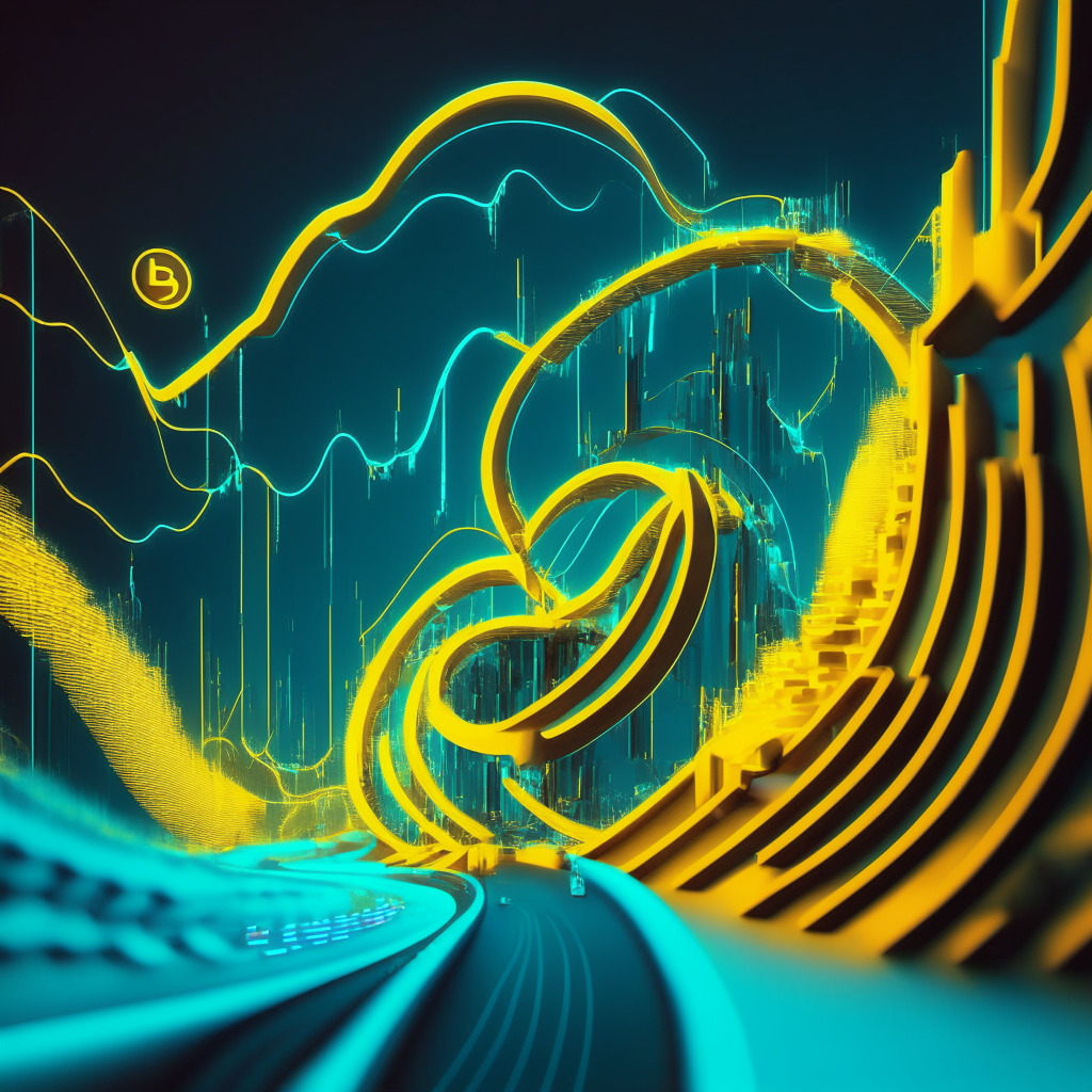 A crypto rollercoaster ride in a futuristic market landscape. A visual representation of Render Token's upward trajectory amidst a sea of fluctuating digital numbers. Subtle illumination suggesting optimism yet a sense of uncertainty. A mood of anticipation and intrigue as new projects emerge. From neon blues for the bullish ascent to soft yellows for the resistance zones, portray the volatility. No logos or brands.