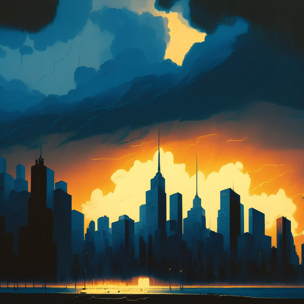A painting-style scene at dusk, depicting a looming storm over a vast financial metropolis, hinting a market downfall. In stark contrast, far off on the horizon, a glimpse of sunlight breaking through the clouds represents growth opportunity. Mixed hues of blues and greys showcasing skepticism and conservative outlook, yet sparks of orange and gold signify potential bullish optimism. Mood: Caution and anticipation.