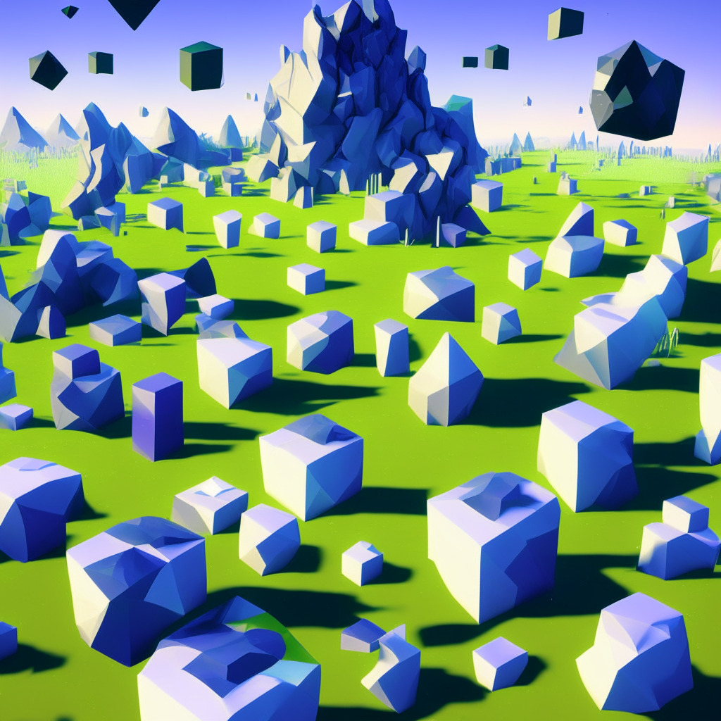 A Cyberspace Dreamscape: Interpretation of Ethereum Staking, rendered in Cubist style. Early dawn lighting casts long shadows across a landscape shaped by chunky 3D Ethereum symbols bubbling up from a grassy plain, dotted with unsymmetrical platforms representing the staking giants. Each platform supports tiny, microscopic figures in detailed discussion, lit by soft, hopeful light. Image exudes a gentle tension amongst participants, reflecting the dichotomy within the Ethereum community, between self-limitation and unrestricted growth. High above, a celestial pie hangs, half devoured, symbolizing the coveted Ethereum staking market.