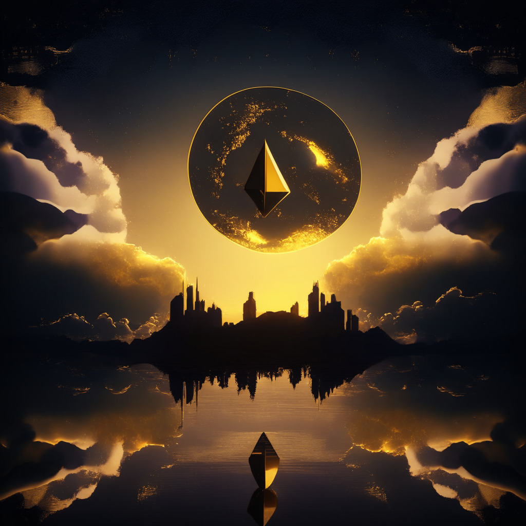 Abstract concept of a golden Ethereum coin floating above a dramatic skyline during twilight, symbolizing the proposed Ark 21Shares Ethereum ETF. Incorporate a balance scale in the sky contrasting the moon and the sun, symbolizing market volatility and potential growth. Use impressionistic style with dark, deep tones to convey the mood of anticipation and uncertainty.