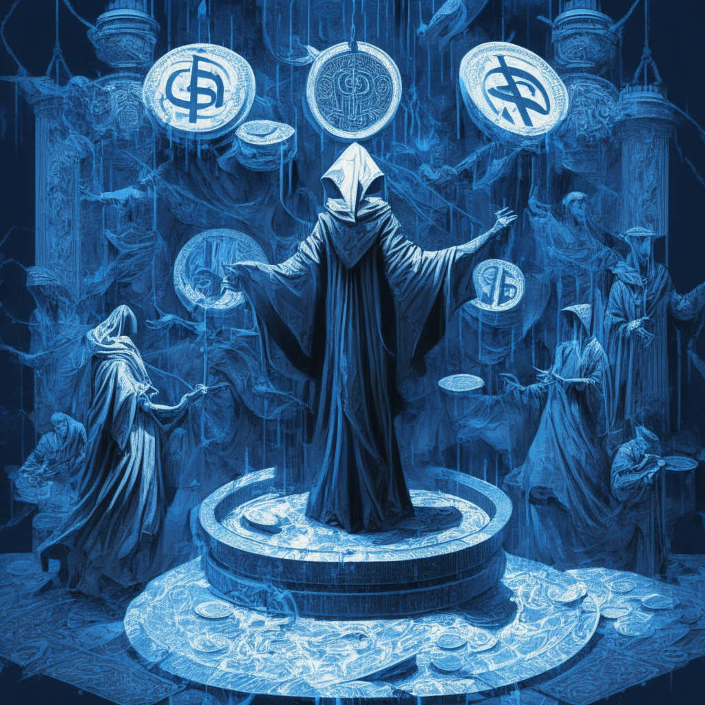 An abstract representation of a thriving crypto market, figures wearing judge robes weighing Ethereum coins against traditional currency in an ornate scale. Greyscale palette, splash of vivid blues evoking a tension-filled mood, dramatic chiaroscuro lighting. Suggestions of volatility via swirling patterns in a stylized sky, intermingled with hints of approval paperwork.