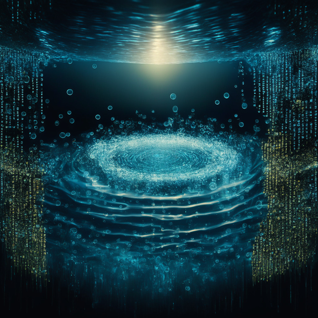 Abstract representation of a dichotomy between transparency and privacy in the crypto world, stylized in a gritty, intense chiaroscuro light setting. Picture an ocean of data representing blockchain flowing in two clear streams meeting at a midpoint, one symbolizing public ledger transparency and the other privacy. In the center, a luminous 'pool', visualize zero-knowledge proofs merging with 'Privacy Pools'. Cast brush strokes suggesting uncertainty, tension, and moral ambiguity. The Mood - a tense yet hopeful balance of power play.
