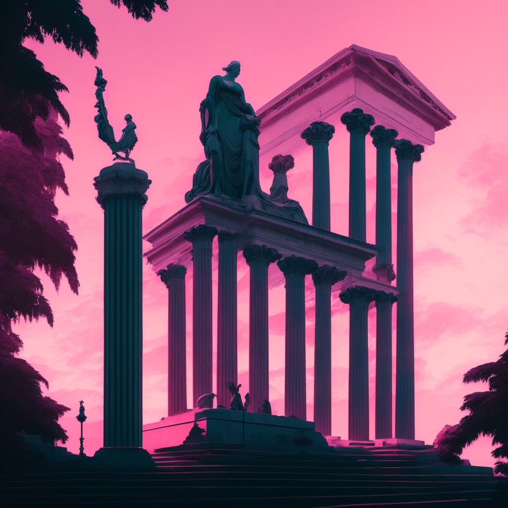 A neoclassical courthouse at dawn, detailed columns against a pink-hued sky. The looming statue of Lady Justice scales unbalanced, symbolising the yet undecided SEC ruling for a BTC ETF. Shadowy figures, representing crypto investors, silently await under trees. Mood: anticipatory with a tense involved atmosphere, & a hint of uncertainty & patience.