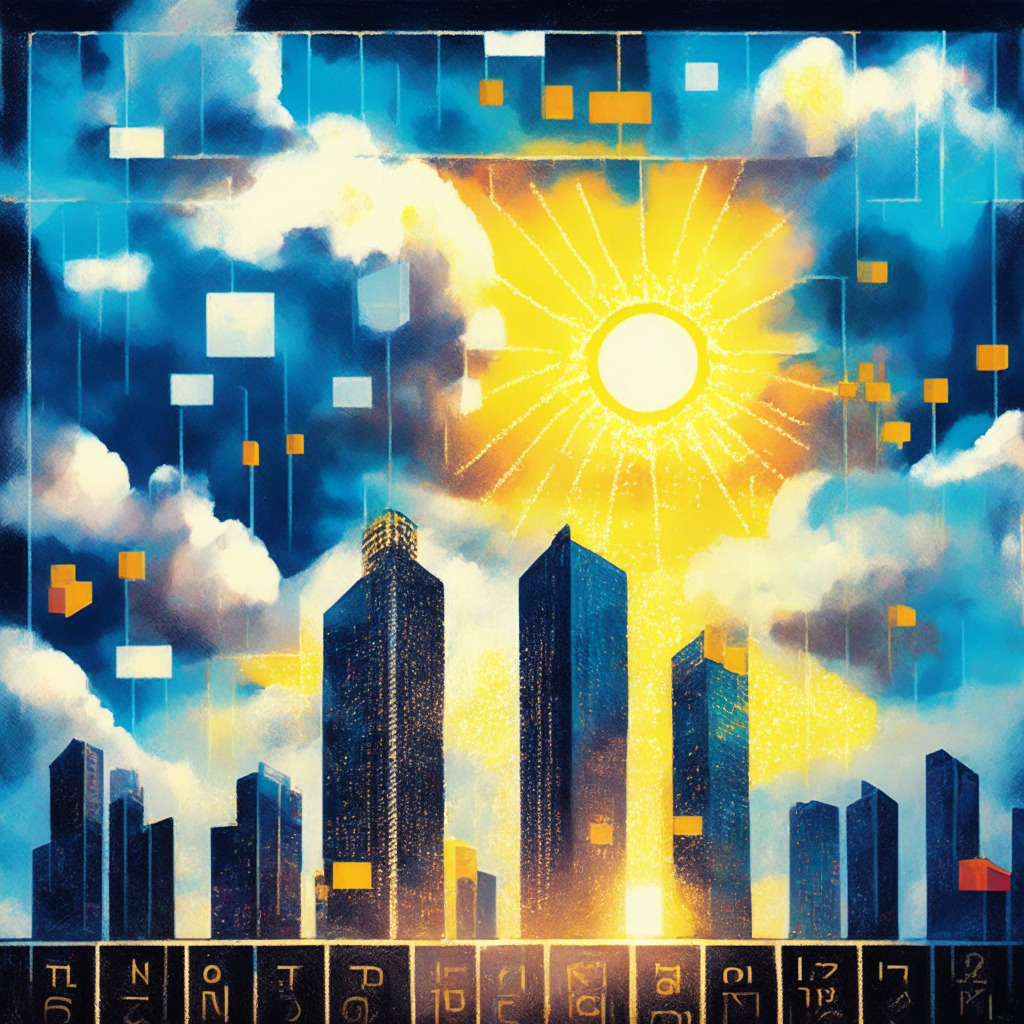 A futuristic cityscape with gleaming skyscrapers symbolic of a vibrant global market, a looming storm cloud epitomizing global market fears, tic-tac-toe chart to symbolize the Vector Autoregression model, abstract cypto tokens floating in air to represent crypto market. Sun rays piercing through clouds for optimism of Chicago Fed, painted in Impressionistic style.