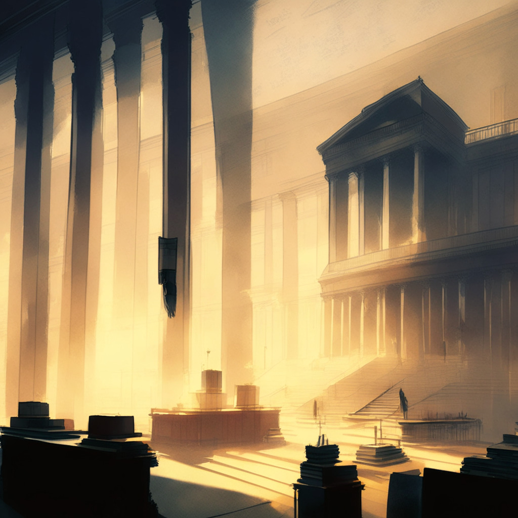 A courthouse with towering pillars shrouded in morning mist, papers with SEC and Binance US documents in the foreground, annotations with redacted areas. The room is cast in soft twilight with an ascending sun behind the courthouse, a landscape painted in an impressionistic style. The image exudes an ambiance of suspense and intrigue, hinting at high-stakes confidentiality and the twist and turns of cryptocurrency regulation battles.