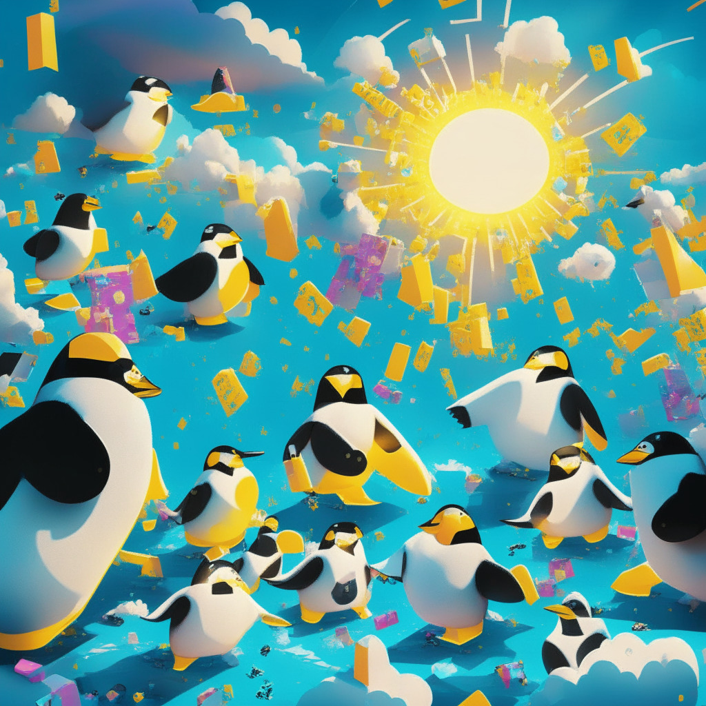 A whimsical, digital landscape of Pudgy Penguins, in bold, Pop Art style, merging the virtual and real world. Sunbeams through cloud-like blockchain codes, reflecting the fusion of digital play and physical toys. Mood: dynamic and innovative, showing the boom in popularity of the NFT collection.