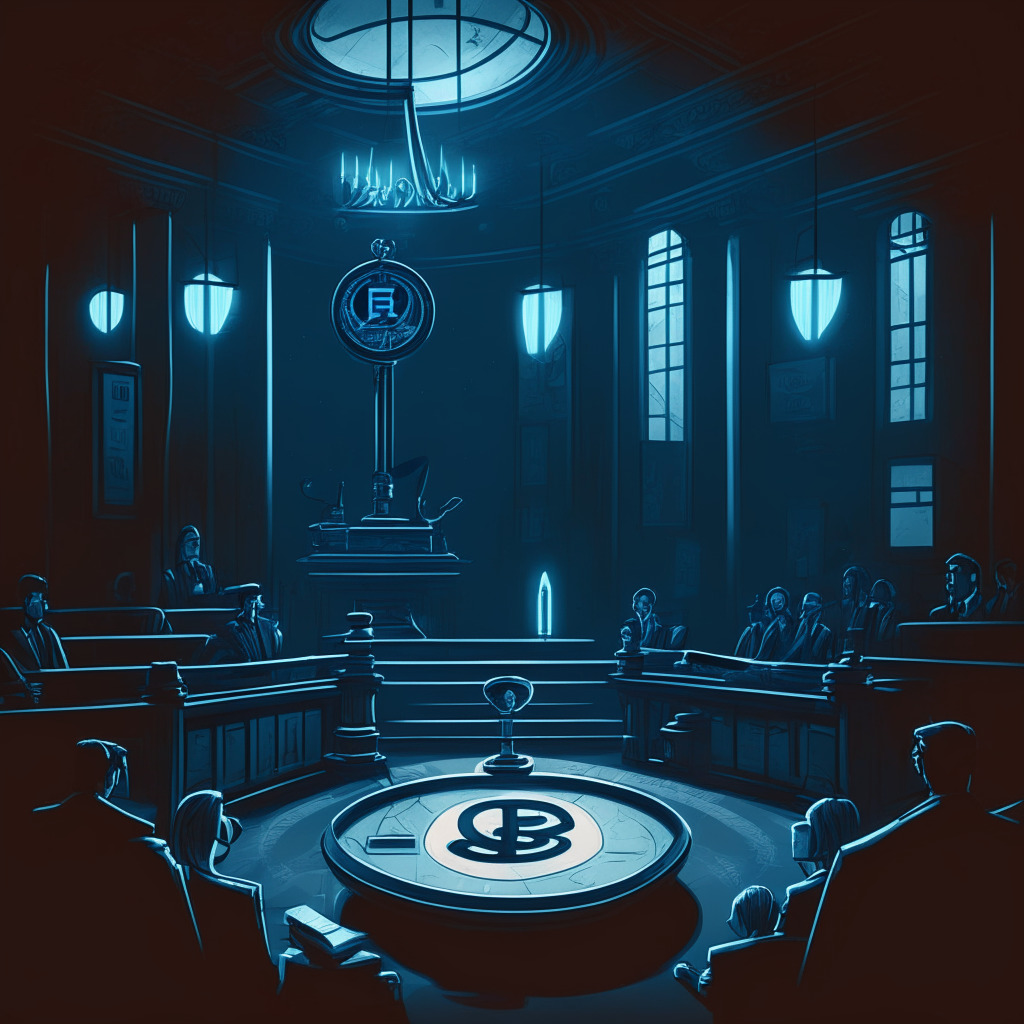 A twilight courtroom scene, a balance scale with bitcoins on one side and an ETF symbol in the other, murky uncertainties filling the room. Art style reminiscent of surrealism, portraying tension and suspense. Cool-shade blue lighting, reflecting a mood of focused anticipation.