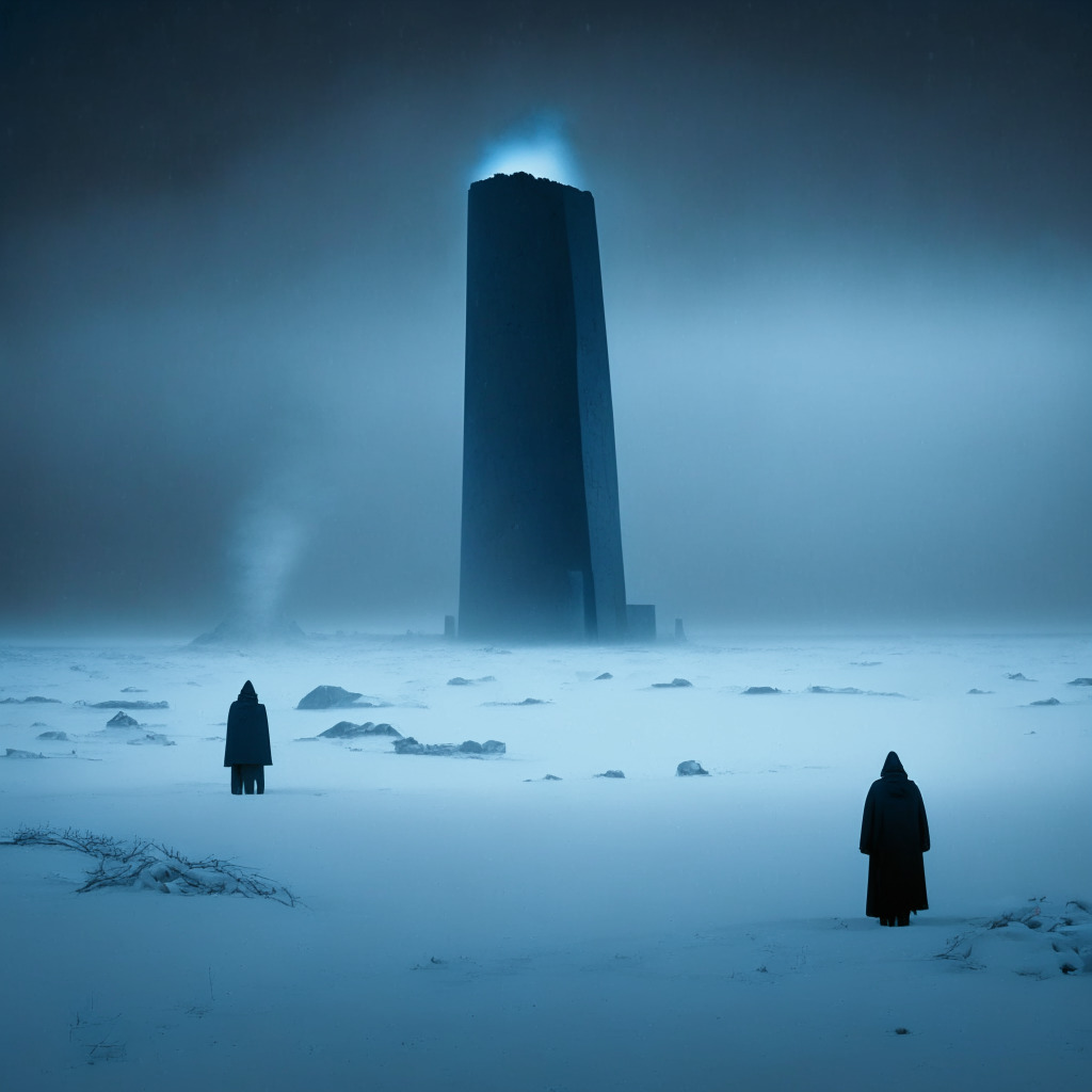 A bleak winter scene with a stark, barren landscape, executed in a hyper-realistic tech-noir style. A solitary, monolithic structure representing Qredo stands tall but shows signs of distress amid a heavy snowstorm, symbolizing the crypto winter. Eerie blue-gray light casts long shadows, magnifying a somber mood. Ghostly figures, representing the laid-off employees, slowly fade amidst the snow. In contrast, glowing lights inside the structure hint at the refocused security efforts. A maze in the background suggests complex undisclosed confirmations, with a chain of layers subtly implying the Layer 1 assets and Qredochain. The inclusion of fragmented keys scattered around the structure emphasizes the secure vault metaphor for Qredo's dMPC network.