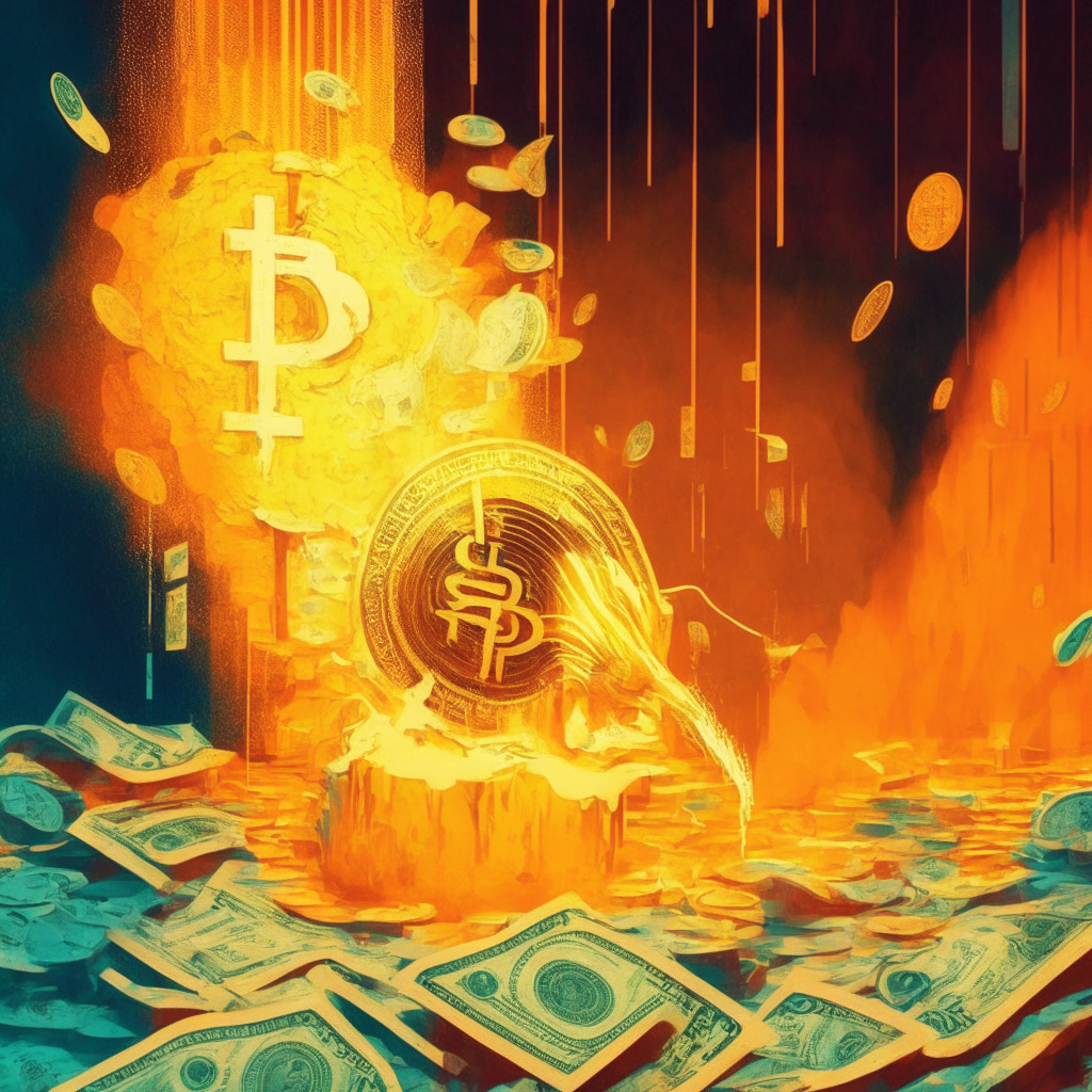An abstract representation of central banks injecting money into economy using Quantitative Easing, suggestive of possible inflation. An impressionist style, subdued light setting depicting economic uncertainty. Use warm hues to convey inflated money supply, cold hues for cryptocurrency. The mood should be reflective of cautious optimism, ambiguity.