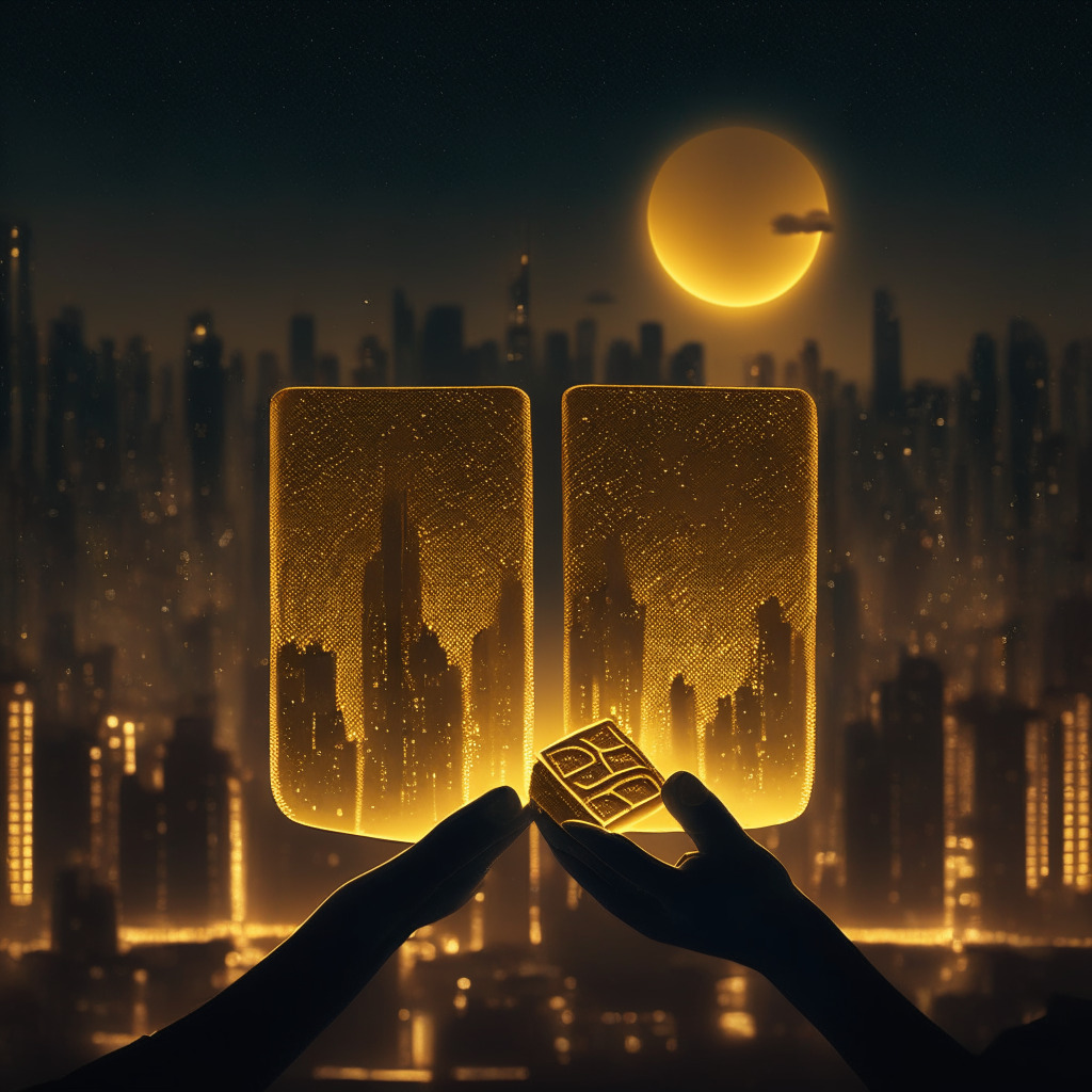 A futuristic cityscape at twilight, dominated by a giant, gleaming gold wallet embossed with privacy symbols. People, symbolizing consumers, reaching out towards it, their hands transformed into artistic representations of NFTs. Dark shadows representing the fading importance of third-party cookies. A mood of anticipation and empowerment, enhanced by shadows and muted city lights for dramatic contrast.