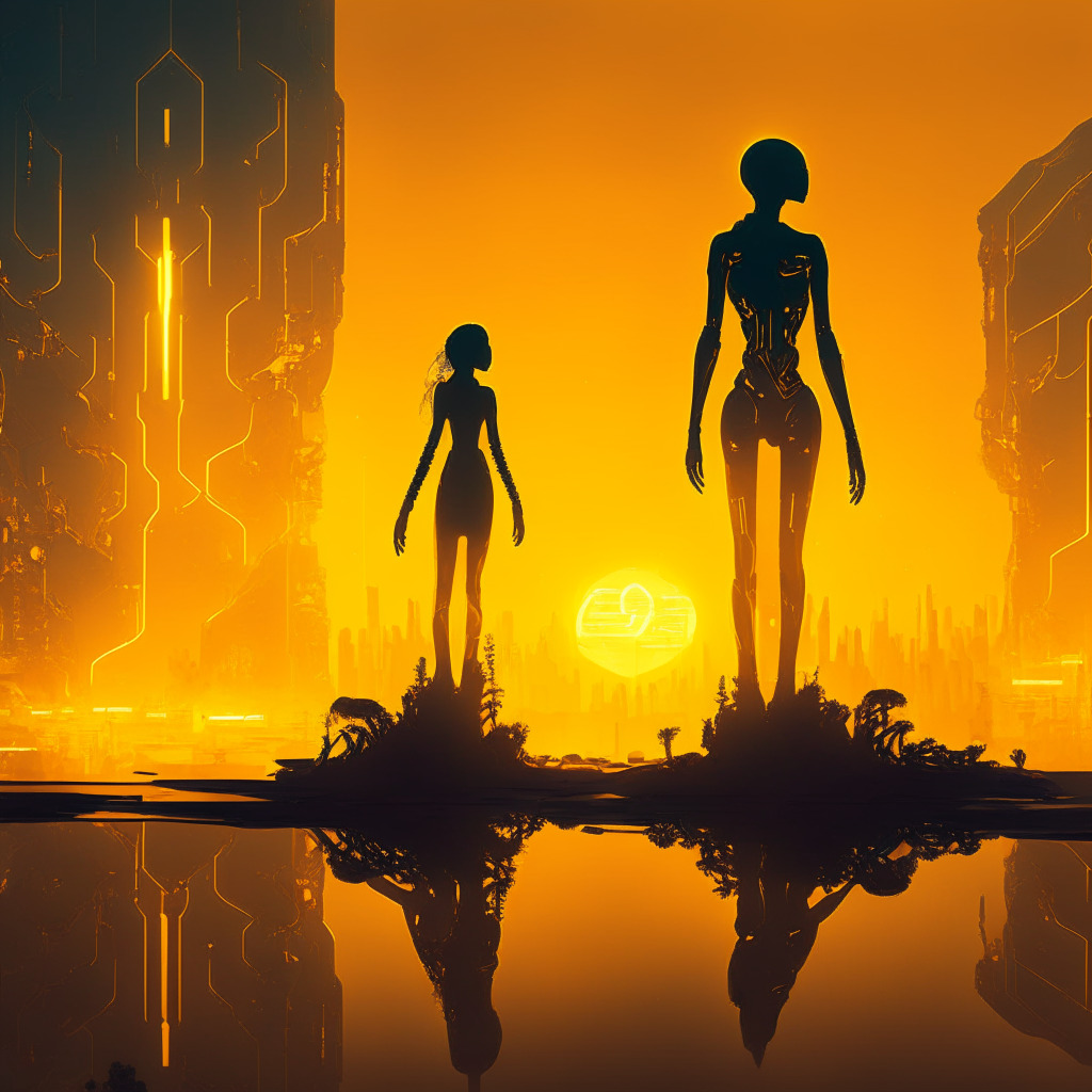 A futuristic digital landscape at dusk, bathed in a silhouetted citrine glow, embodying a dynamic blend of energetic growth and technological innovation. Central figures depict a human-like AI embodiment and a cryptographic symbol, portraying cooperation and harmony. The scene exudes a reflective mood, suggestive of responsible governance, with hints of underlying tensions illustrating potential conundrums within regulation. Artistic style employs realism mixed with impressionistic touches.