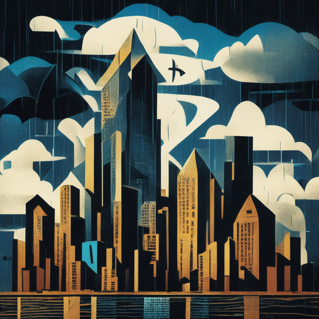 Australian financial landscape with detailed skyscrapers and cryptocurrency symbols, decorated in a Cubist art style. Mood is stern under the dim, ominously stormy sky. Spotlight focused on the ASIC emblem symbolizing keen scrutiny, casting a long shadow on a Bitcoin symbol conveying a dilemma over industry regulation.