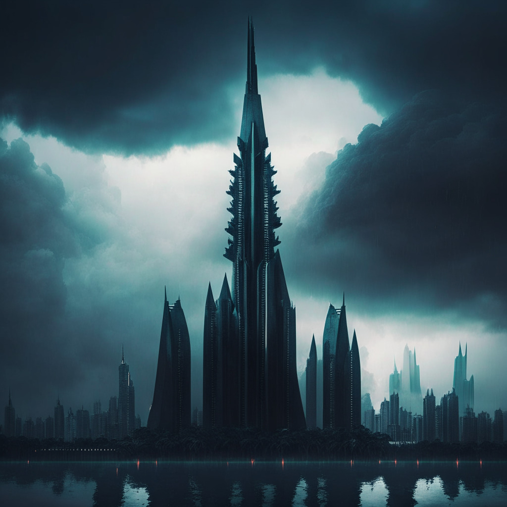 Neo-gothic style Singapore skyline under overcast skies symbolizing turmoil, Large, imposing scales of justice in the foreground, balancing a vibrant, futuristic blockchain and a stifled, dull cryptocurrency. Mood: A tense stand-off. Lighting: Dramatic high-contrast.
