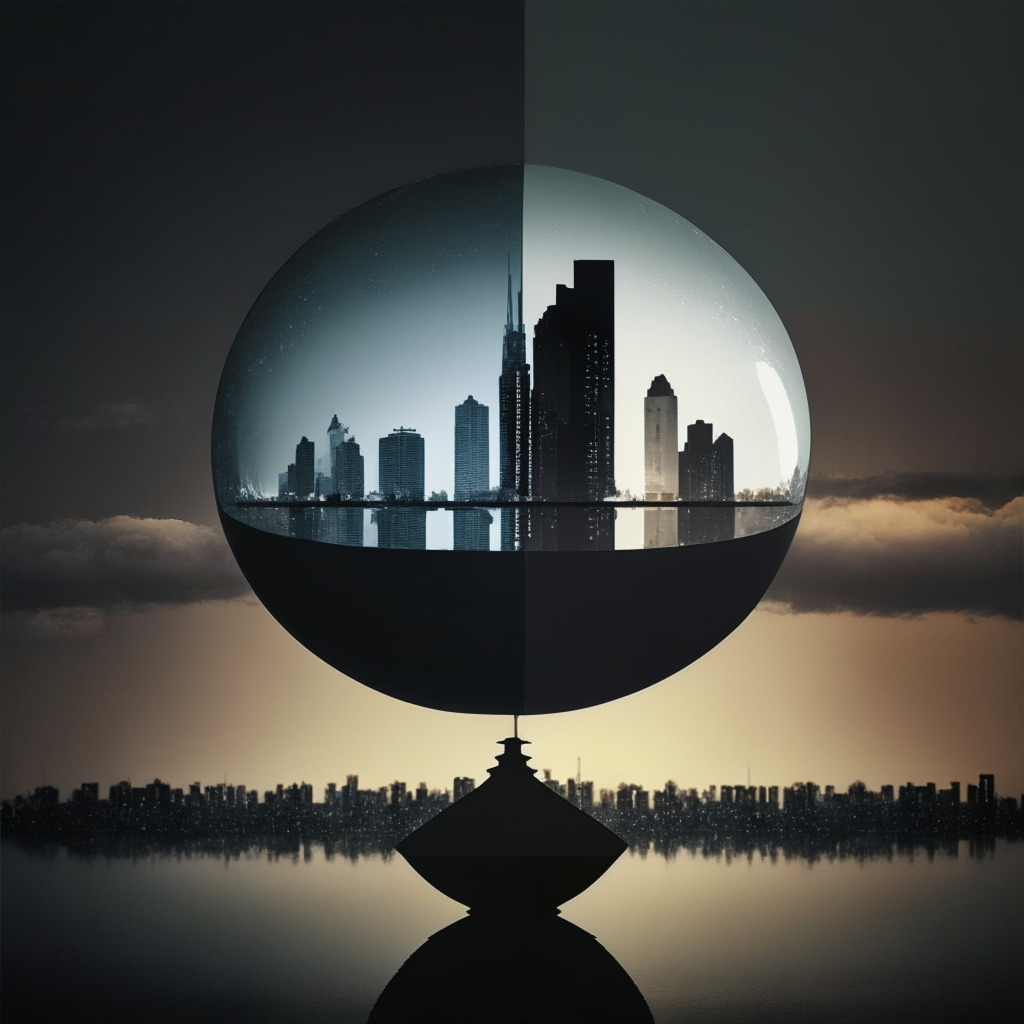 A dusky twilight scene, symbolic representation of a balance scale in the centre, one side holding a polished metallic cube representing regulation, the other side a luminescent orb symbolizing innovation. A looming silhouette of cityscape, hinting at financial firms, in the distance. Both sides of the scale are equal, highlighting the need for balance, with swirling grey clouds overhead indicating uncertainty, in a semi-abstract Art Nouveau style.